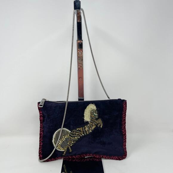 Steve Madden Pegasus Crossbody Shoulder Bag Blue Velvet Gold Sequins Zip Top - Picture 1 of 10